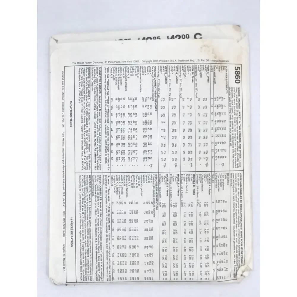 Vintage Pattern Sewing Crafts Hobby McCalls 5860 Size 14 Tunic Dress Jacket 1992